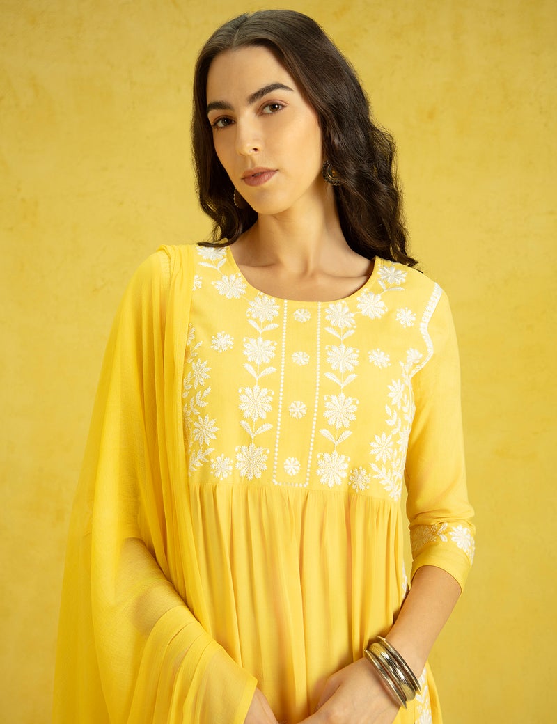 Kaari Women's Chikankari Kurta Set with Dupatta - A-line Fit | Chiffon Dupatta with Embroidered Band | Straight Pant with Side Pocket | Kurta Set For Women - Image 2